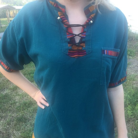 🏞Colorful Embroidered Shirt, Teal, Hippie, Boho - Picture 2 of 5